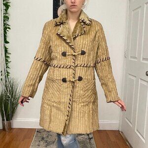 Y2K Vintage Collar Neck Button-Up Long Coat Long Sleeve Size M Khaki